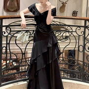 Meliora Elegant Black Off-Shoulder Ruffles Evening Dress