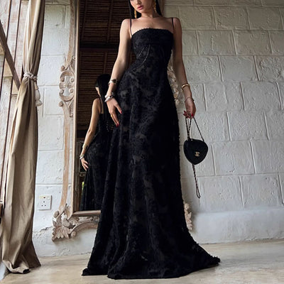 Alina Black Lace Up Back Flora Maxi Dress