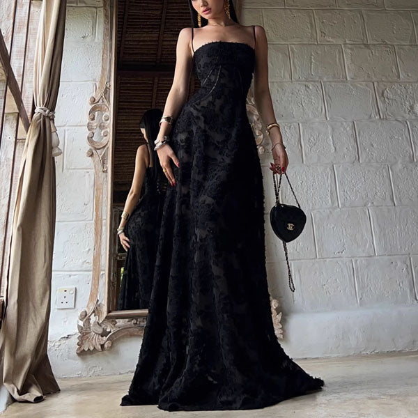 Alina Black Lace Up Back Flora Maxi Dress