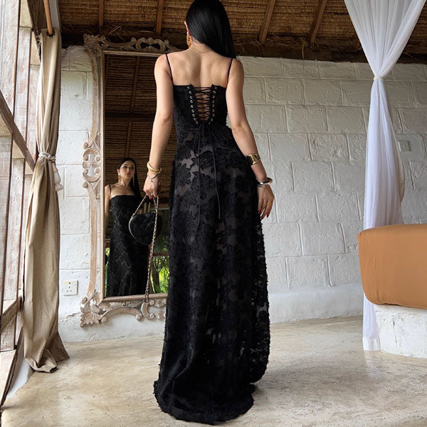 Alina Black Lace Up Back Flora Maxi Dress