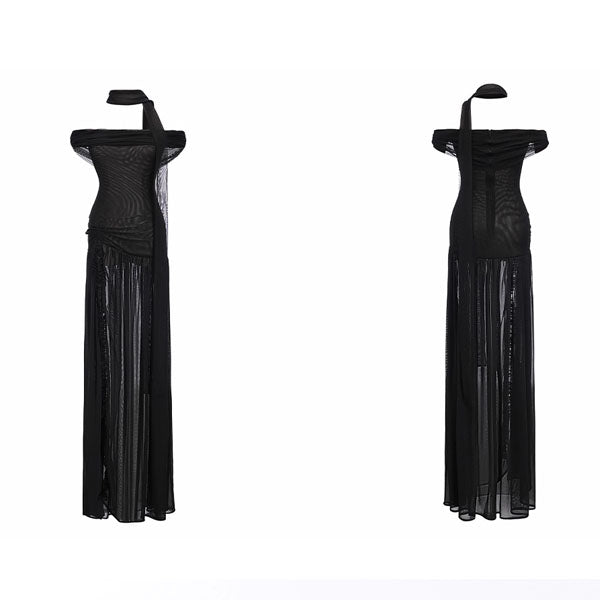 Diana Black Sheer Off-Shoulder High Slit Maxi Dress