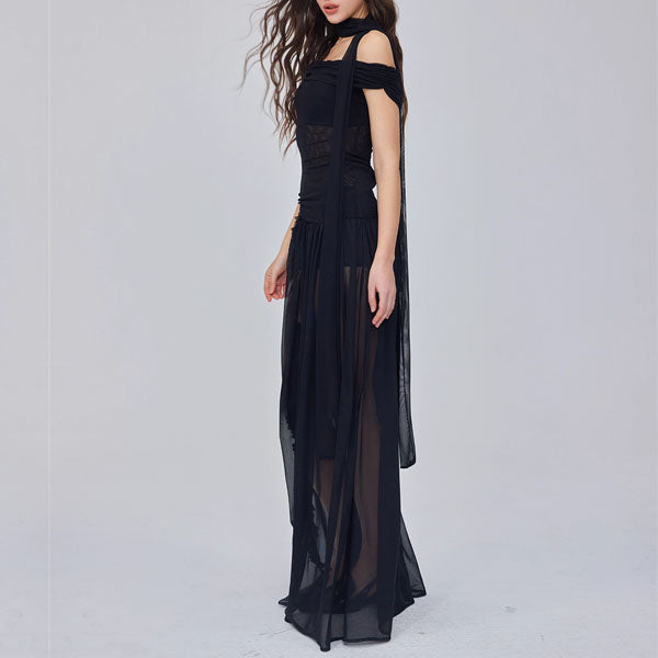 Diana Black Sheer Off-Shoulder High Slit Maxi Dress