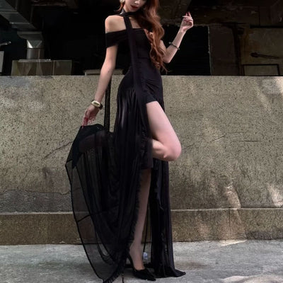 Diana Black Sheer Off-Shoulder High Slit Maxi Dress