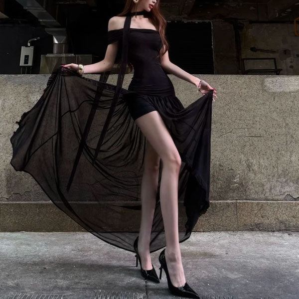 Diana Black Sheer Off-Shoulder High Slit Maxi Dress