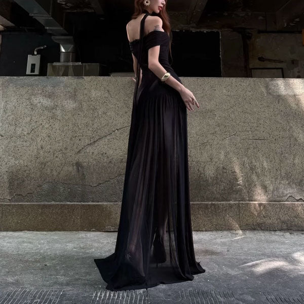 Diana Black Sheer Off-Shoulder High Slit Maxi Dress
