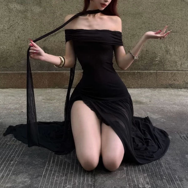 Diana Black Sheer Off-Shoulder High Slit Maxi Dress