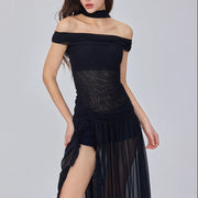 Diana Black Sheer Off-Shoulder High Slit Maxi Dress