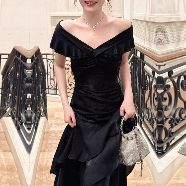 Meliora Elegant Black Off-Shoulder Ruffles Evening Dress XS