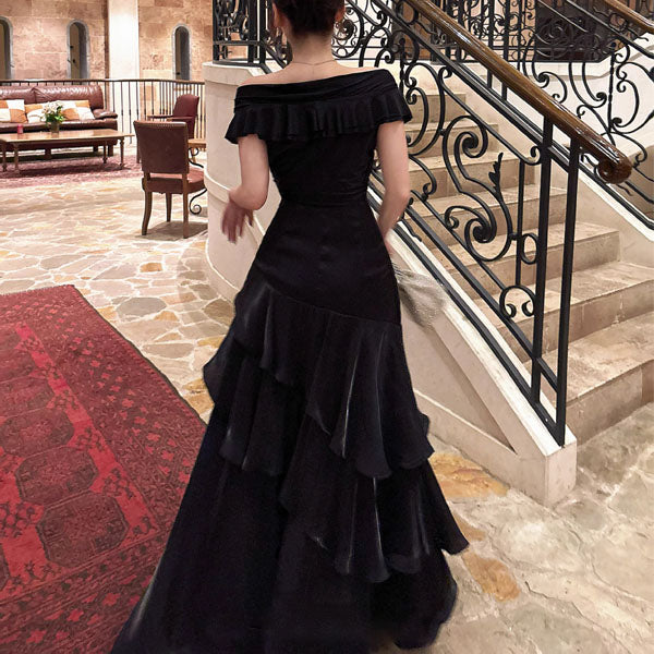 Meliora Elegant Black Off-Shoulder Ruffles Evening Dress XS