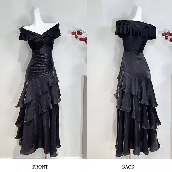 Meliora Elegant Black Off-Shoulder Ruffles Evening Dress Xs