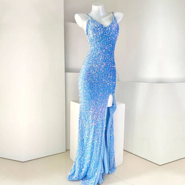 Celestial Allure Iridescent Sequin Evening Dress M / Blue