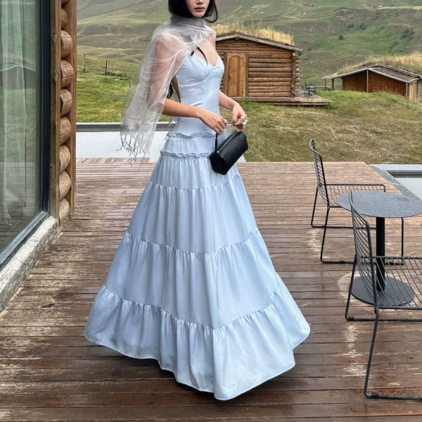 Ciara Ice Blue Romantic Backless Tiered Maxi Dress