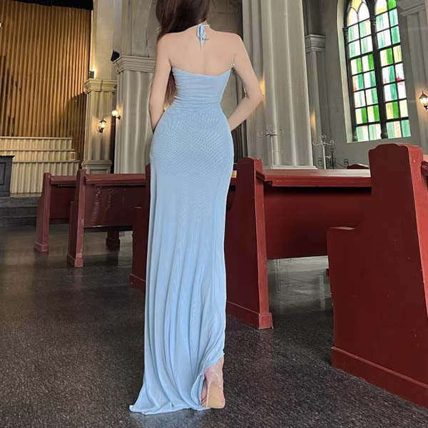blue fishtail maxi dress Halter Deep V-Neck Elegant Fishtail Maxi Dresses
