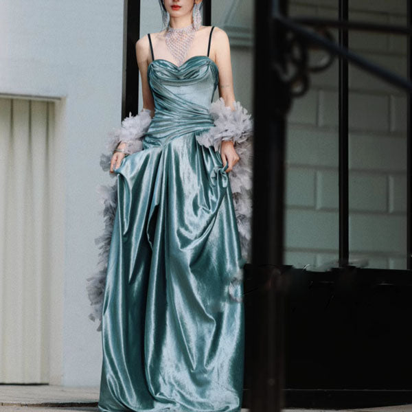 Sylphine Luxe Steel Blue Elegance Draped Evening Dress