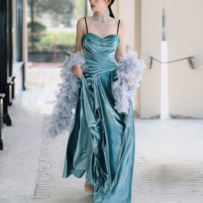 Sylphine Luxe Steel Blue Elegance Draped Evening Dress