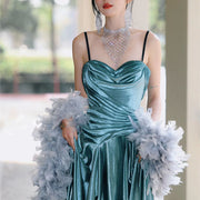 Sylphine Luxe Steel Blue Elegance Draped Evening Dress