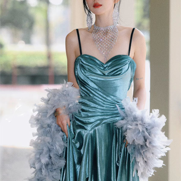 Sylphine Luxe Steel Blue Elegance Draped Evening Dress