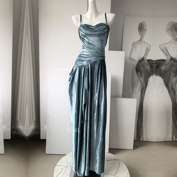 Sylphine Luxe Steel Blue Elegance Draped Evening Dress