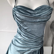 Sylphine Luxe Steel Blue Elegance Draped Evening Dress