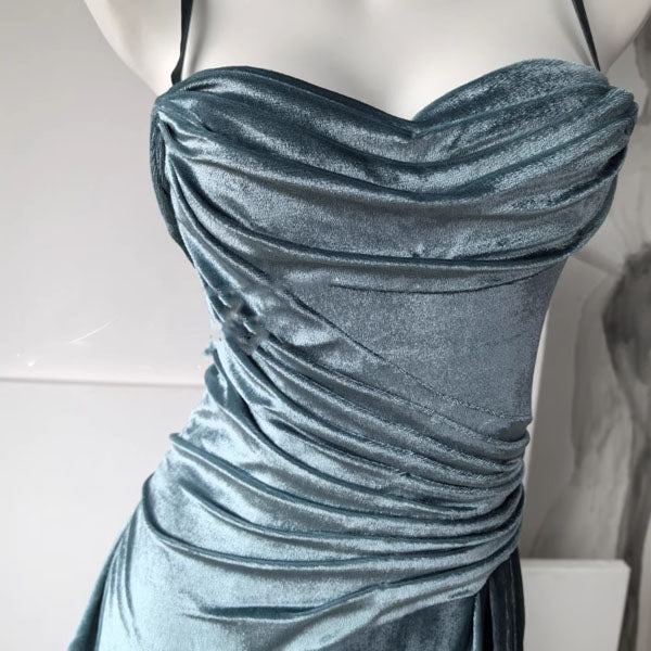 Sylphine Luxe Steel Blue Elegance Draped Evening Dress