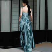 Sylphine Luxe Steel Blue Elegance Draped Evening Dress