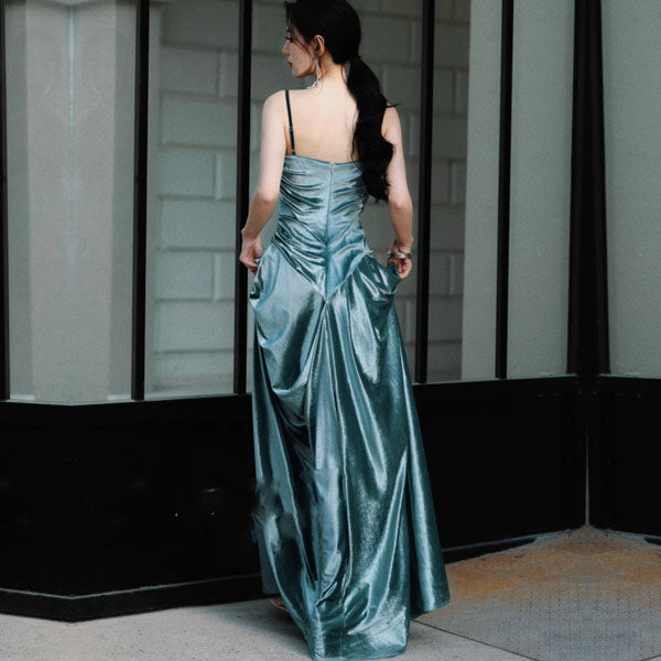Sylphine Luxe Steel Blue Elegance Draped Evening Dress