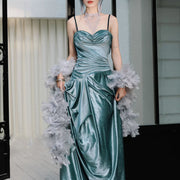 Sylphine Luxe Steel Blue Elegance Draped Evening Dress