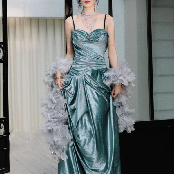 Sylphine Luxe Steel Blue Elegance Draped Evening Dress