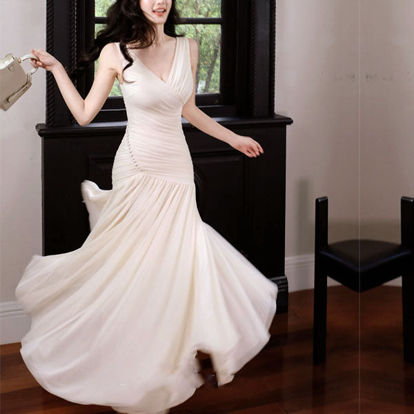 Mariselle Ivory Ruched Elegant Flowing Dress