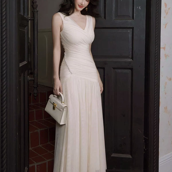 Mariselle Ivory Ruched Elegant Flowing Dress
