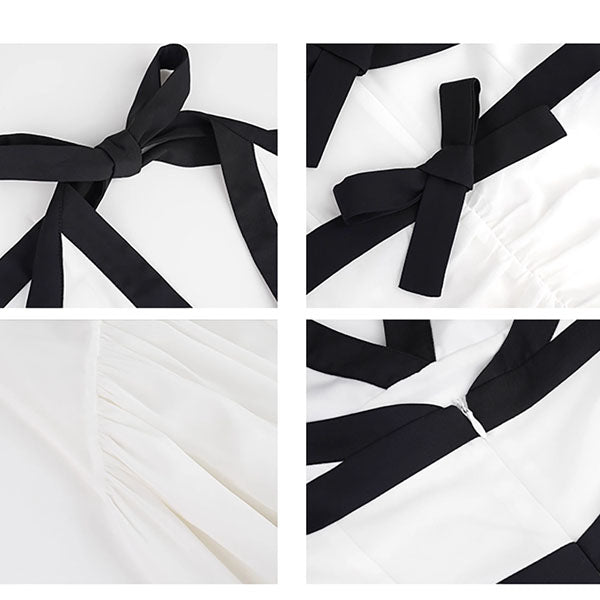 Adeline White Halter Evening Dress with Black Contrast Bows