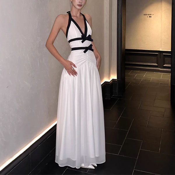 Adeline White Halter Evening Dress with Black Contrast Bows