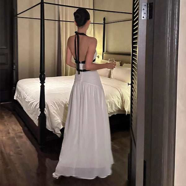 Adeline White Halter Evening Dress with Black Contrast Bows