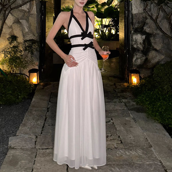 Adeline White Halter Evening Dress with Black Contrast Bows
