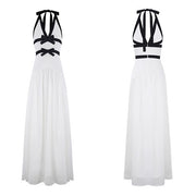 Adeline White Halter Evening Dress with Black Contrast Bows