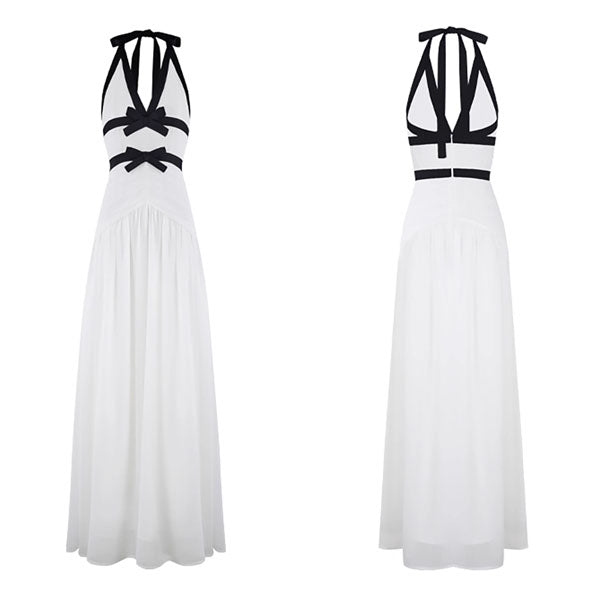 Adeline White Halter Evening Dress with Black Contrast Bows