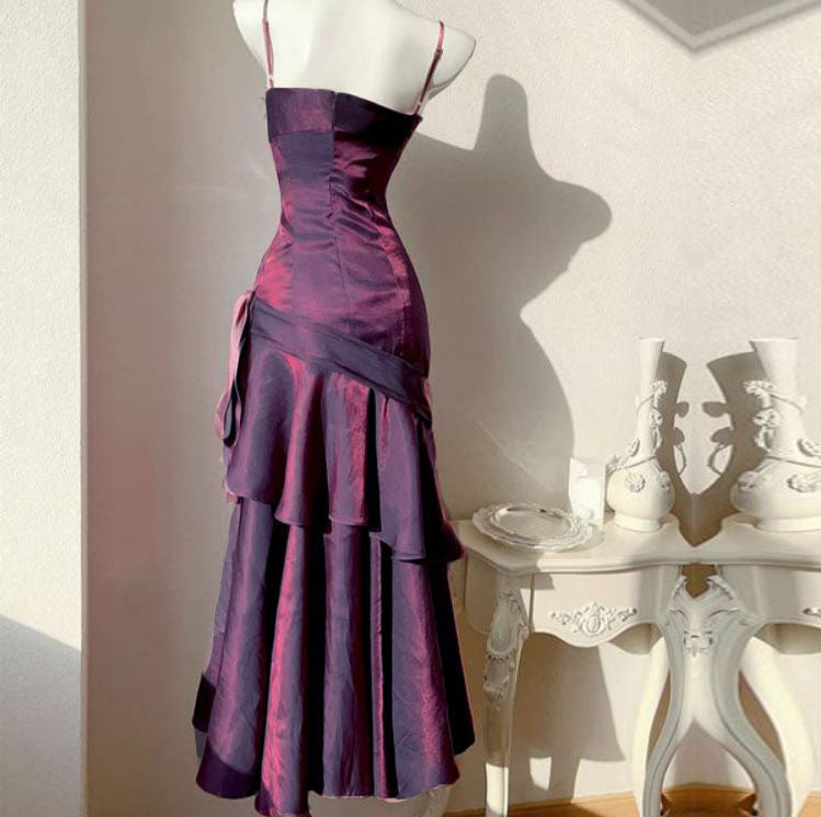 asymmetric multi strap ruffle detail maxi dress in dark mauve Formal Wedding Guest Dresses Maxi Asymmetric Ruffle High Slit
