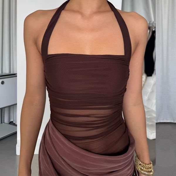 Freya Elegant Ruched Halter Drape Evening Dress Freya Elegant Ruched Halter Drape Evening Dress