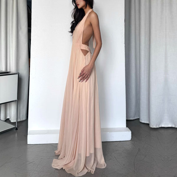 Venus Elegant Open Back Plunge Neck Flowy Halter Dress
