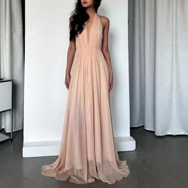 Venus Elegant Open Back Plunge Neck Flowy Halter Dress