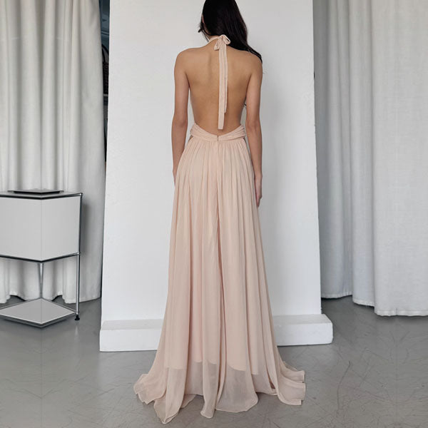 Venus Elegant Open Back Plunge Neck Flowy Halter Dress