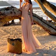 Venus Elegant Open Back Plunge Neck Flowy Halter Dress