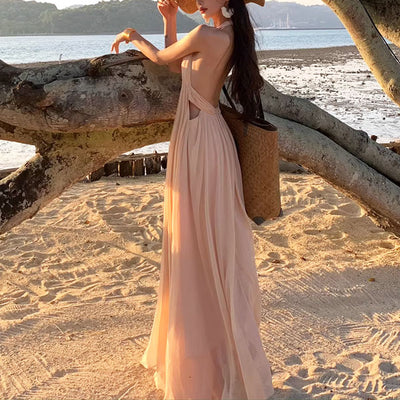 Venus Elegant Open Back Plunge Neck Flowy Halter Dress