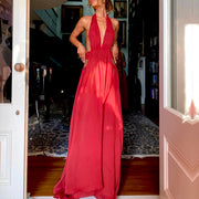 Venus Elegant Open Back Plunge Neck Flowy Halter Dress
