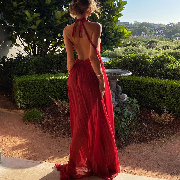 Venus Elegant Open Back Plunge Neck Flowy Halter Dress