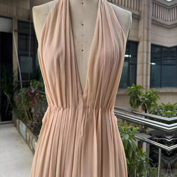 Venus Elegant Open Back Plunge Neck Flowy Halter Dress