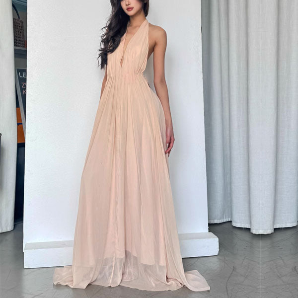 Venus Elegant Open Back Plunge Neck Flowy Halter Dress