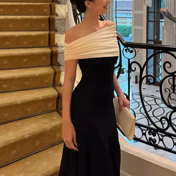 Carol French Elegance Off-Shoulder Contrast Evening Dress