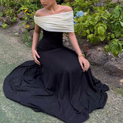 Carol French Elegance Off-Shoulder Contrast Evening Dress