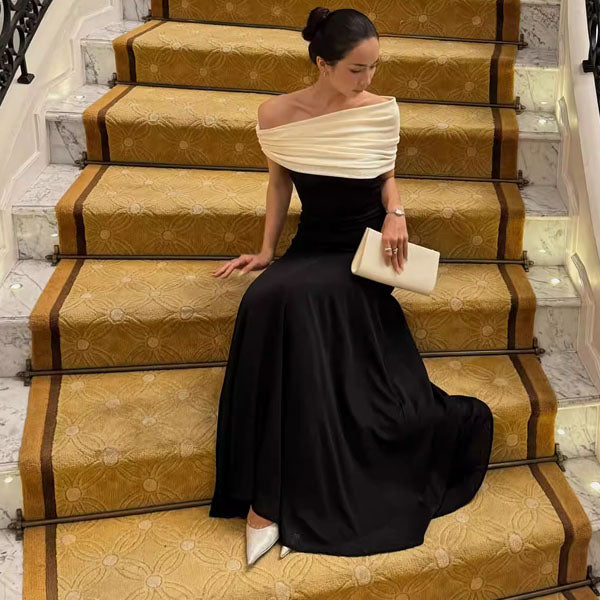 Carol French Elegance Off-Shoulder Contrast Evening Dress